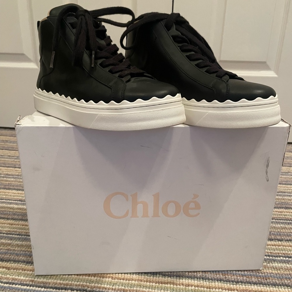 Chloe Lauren Black Leather Scalloped Sneakers 37